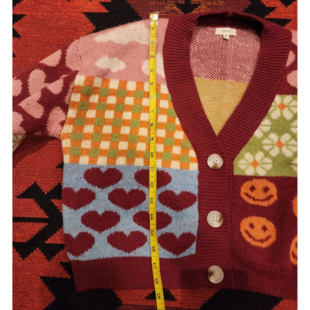 Debut Colorful Patchwork Cottage, Twee Cropped Cardigan 3 Button Debut Small - Picture 10 of 16